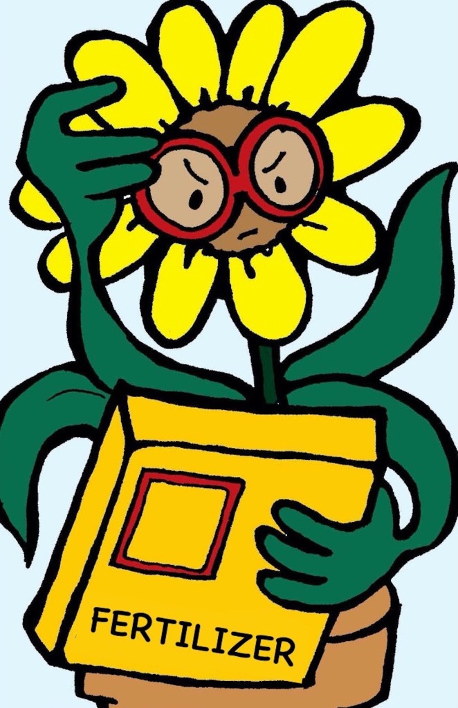 Illustration of plant with glasses reading fertilizer label.