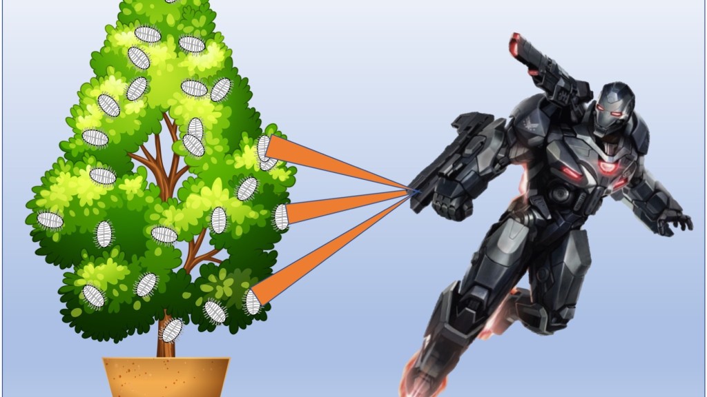 Robot warrior destroying mealybugs with death ray.