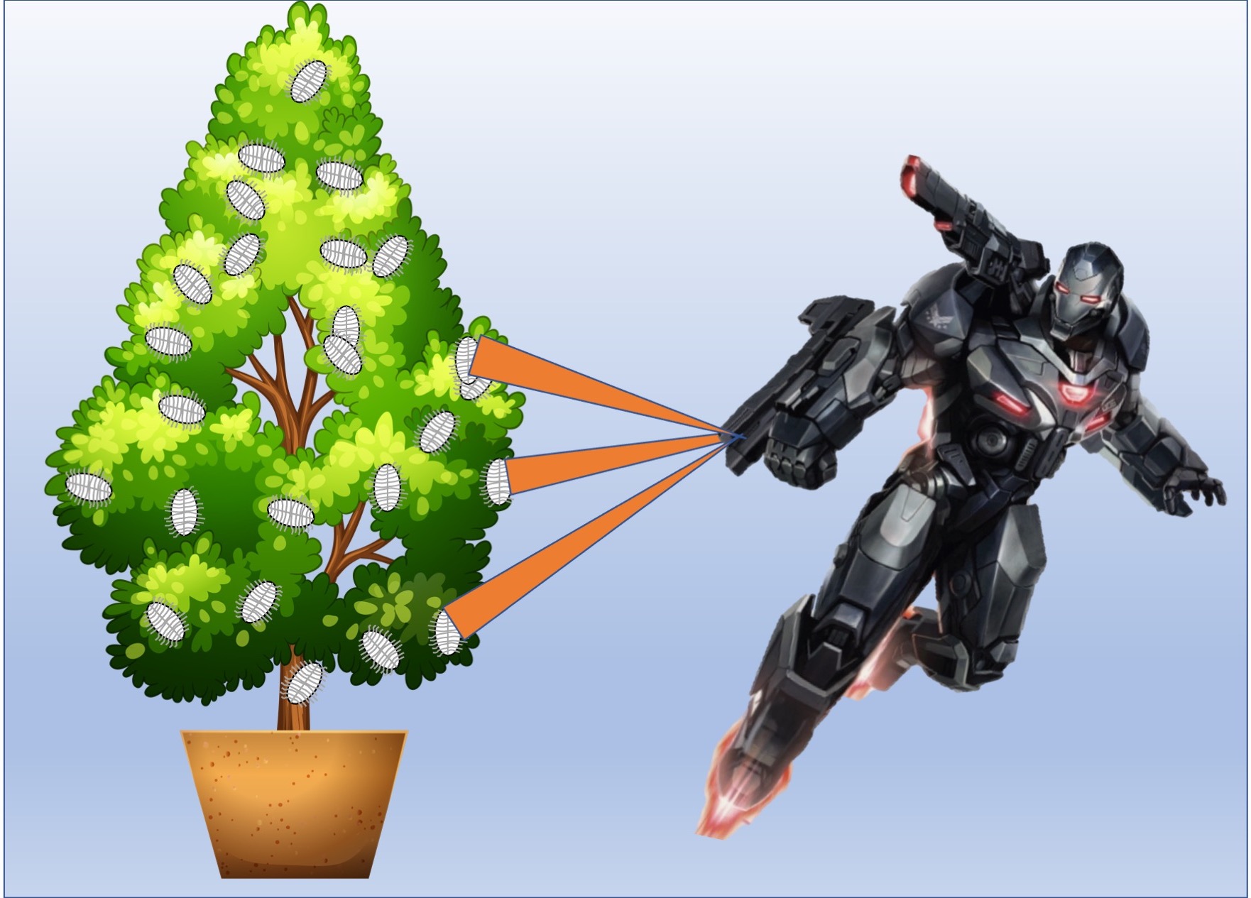 Robot warrior destroying mealybugs with death ray.