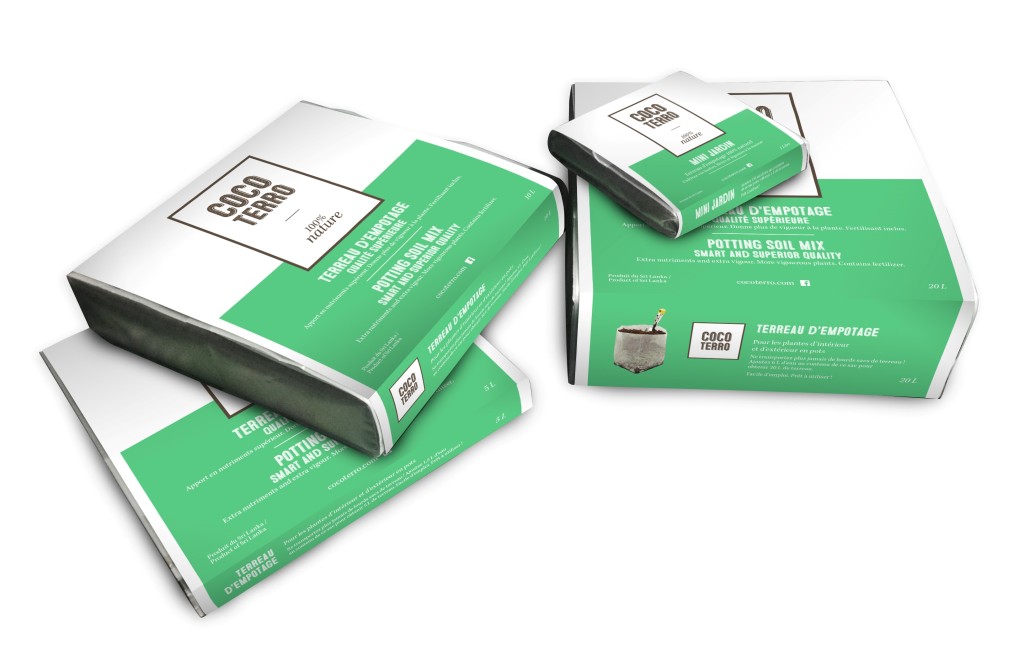 Blocks of Coco Terre compressed potting soil.