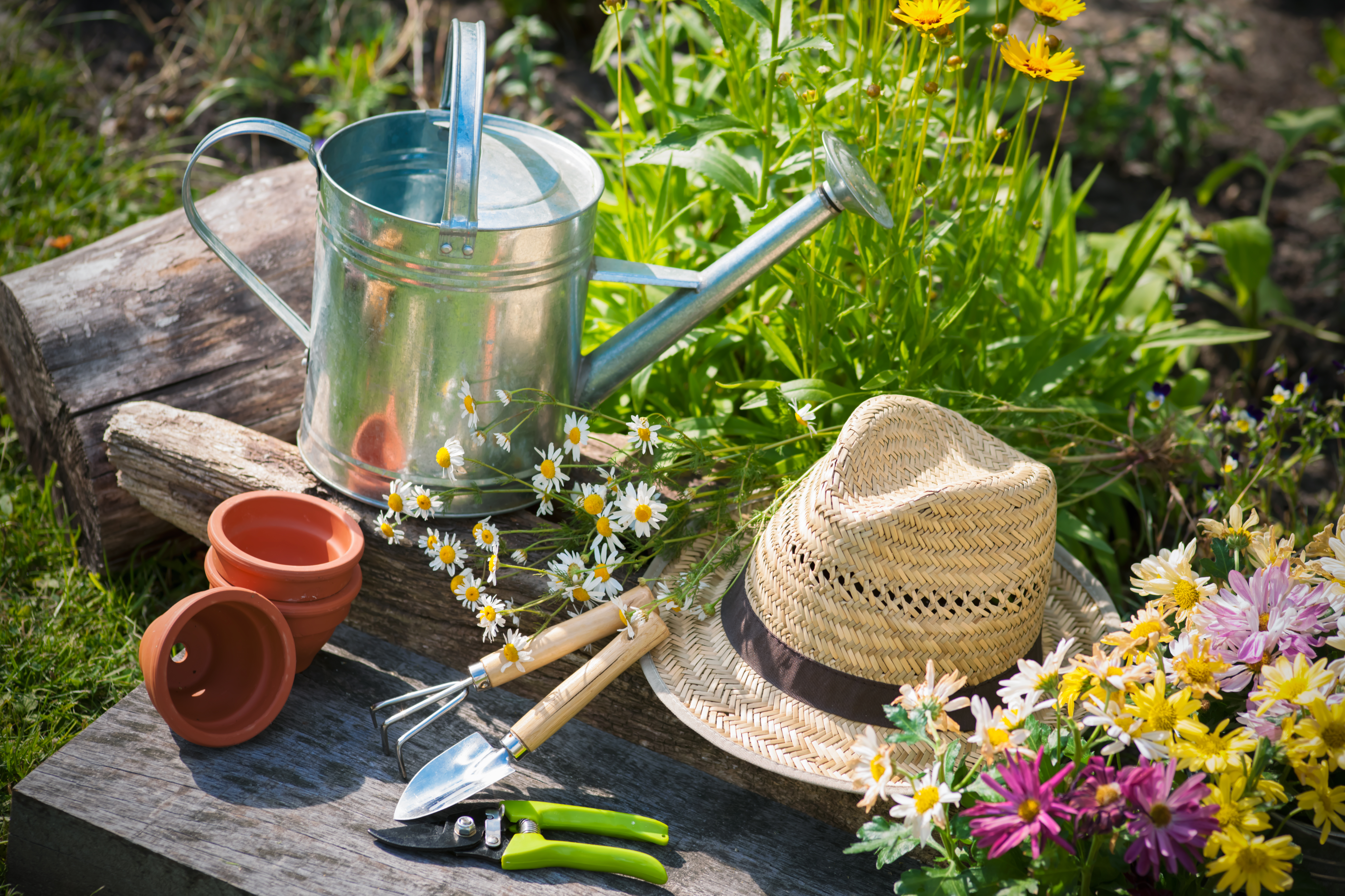 Gardening tools and straw hat in the garden.