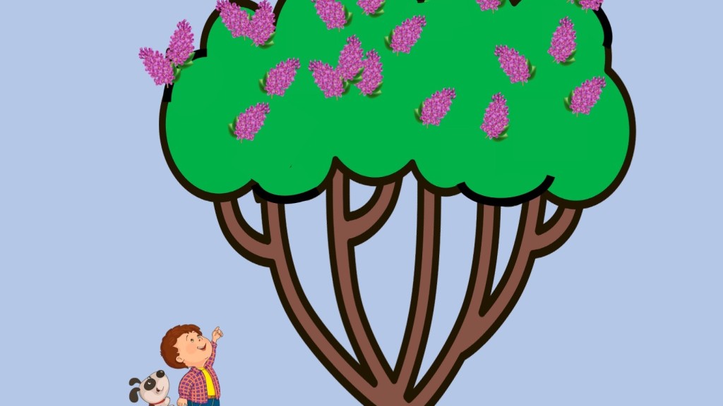 Little boy and dog looking up at very tall lilac bush. They can barely see the blossoms..