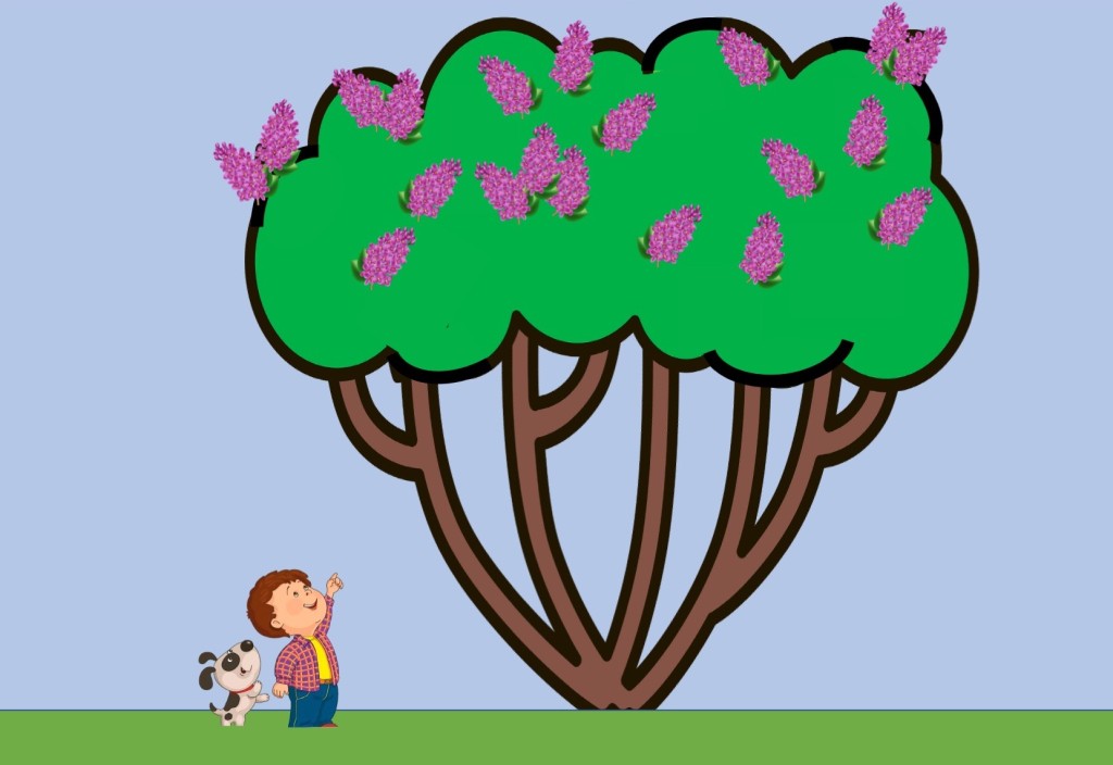 Little boy and dog looking up at very tall lilac bush. They can barely see the blossoms..
