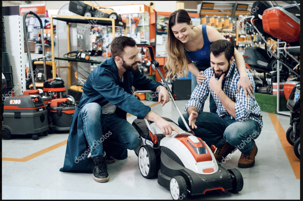Couple shopping for a lawn mower.